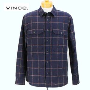 Vince Wool Blend Crosshatch Windowpane Shirt Jacket Navy Brown Mens XL Italian